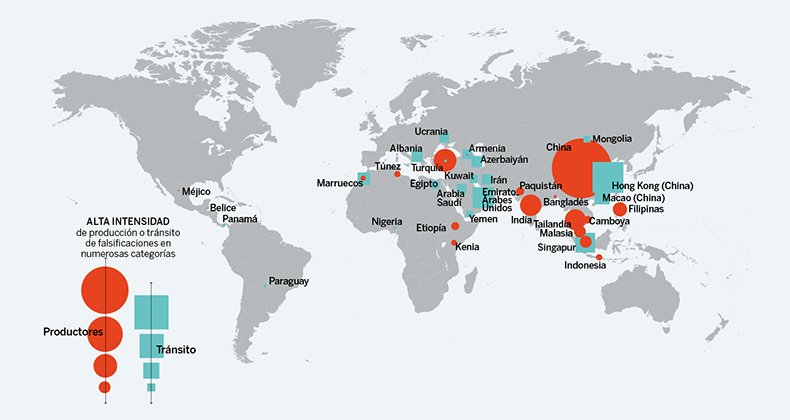 Cartografía de las rutas internacionales del comercio mundial de productos falsificados